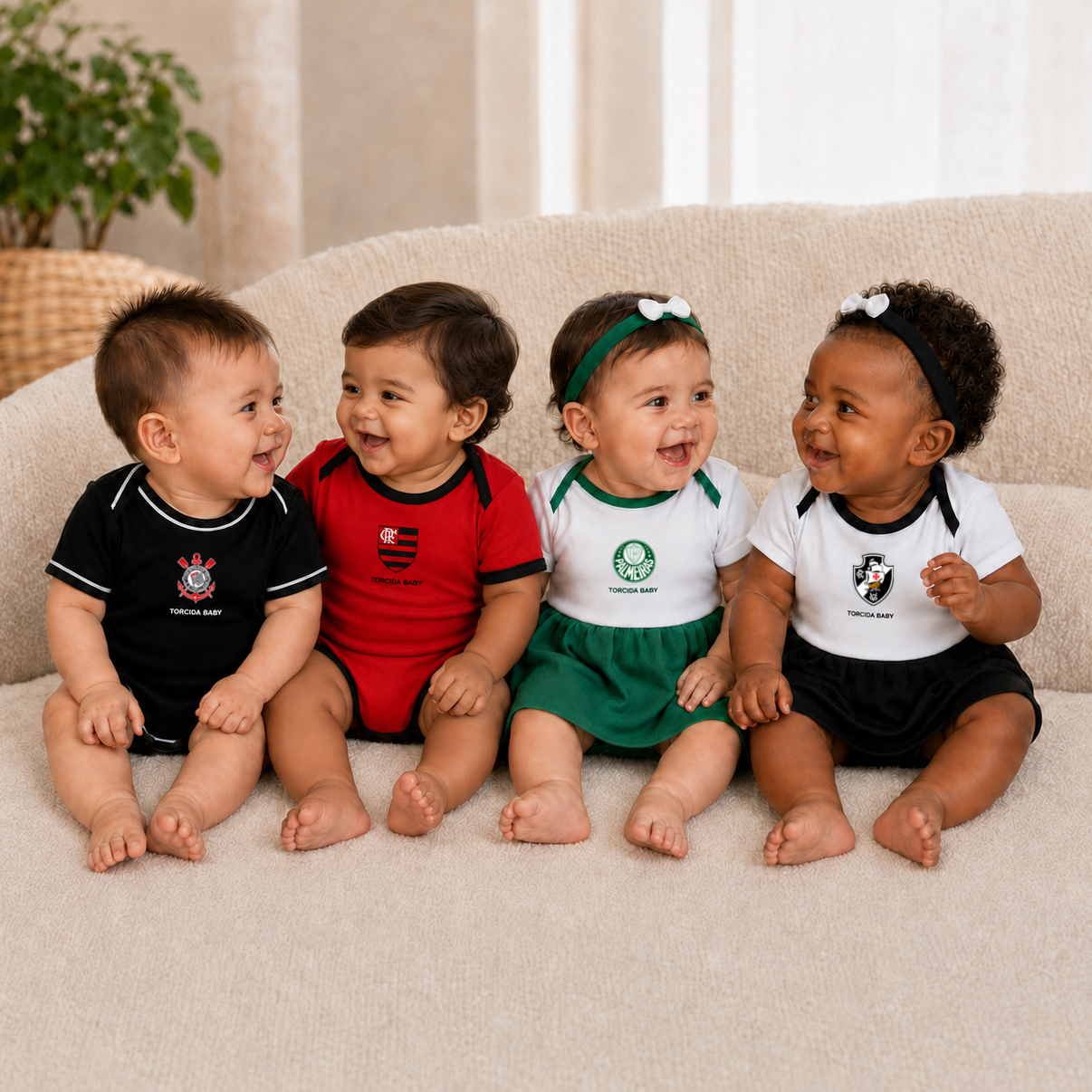 Bebês vestindo roupas da Torcida Baby